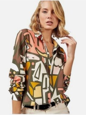 Big Dart Geo-Print Button-Down Shirt in Pink, Mustard & Olive 2XL